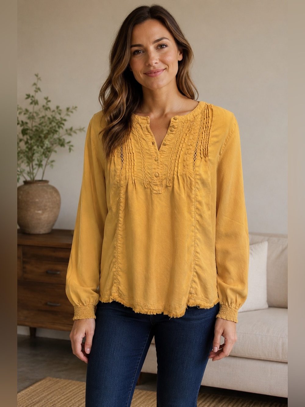 Velvet Heart Mustard Yellow Pintuck Peasant Blouse